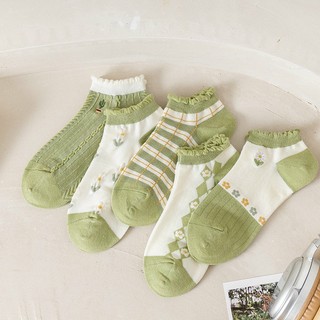 Set 5 Đôi Tất Nữ Cotton Cổ Bèo Phối Kẻ Hoa Xanh kèm Túi Zip