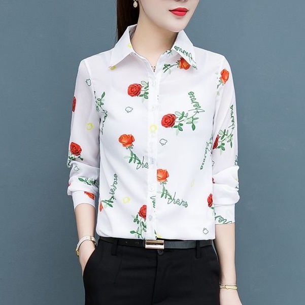 Áo Sơ Mi Nụ Hoa Hồng Nữ Tay Dài Hoa Mùa Xuân Đỏ Áo Sơ Mi Retro Voan Áo Sơ Mi Hoa Hồng In Hình