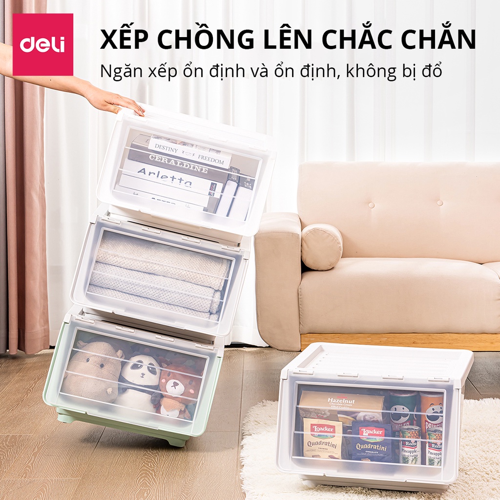 Hộp Đựng Quần Áo, Đồ Chơi Nắp Lật 3 Nấc Có Thể Xếp Chồng Siêu Tiện Gọn, Chịu Tải Tốt Hàng Chính Hãng Deli