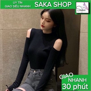 Áo thun nữ tay dài ôm dáng phong cách Bella khoéc vai phối