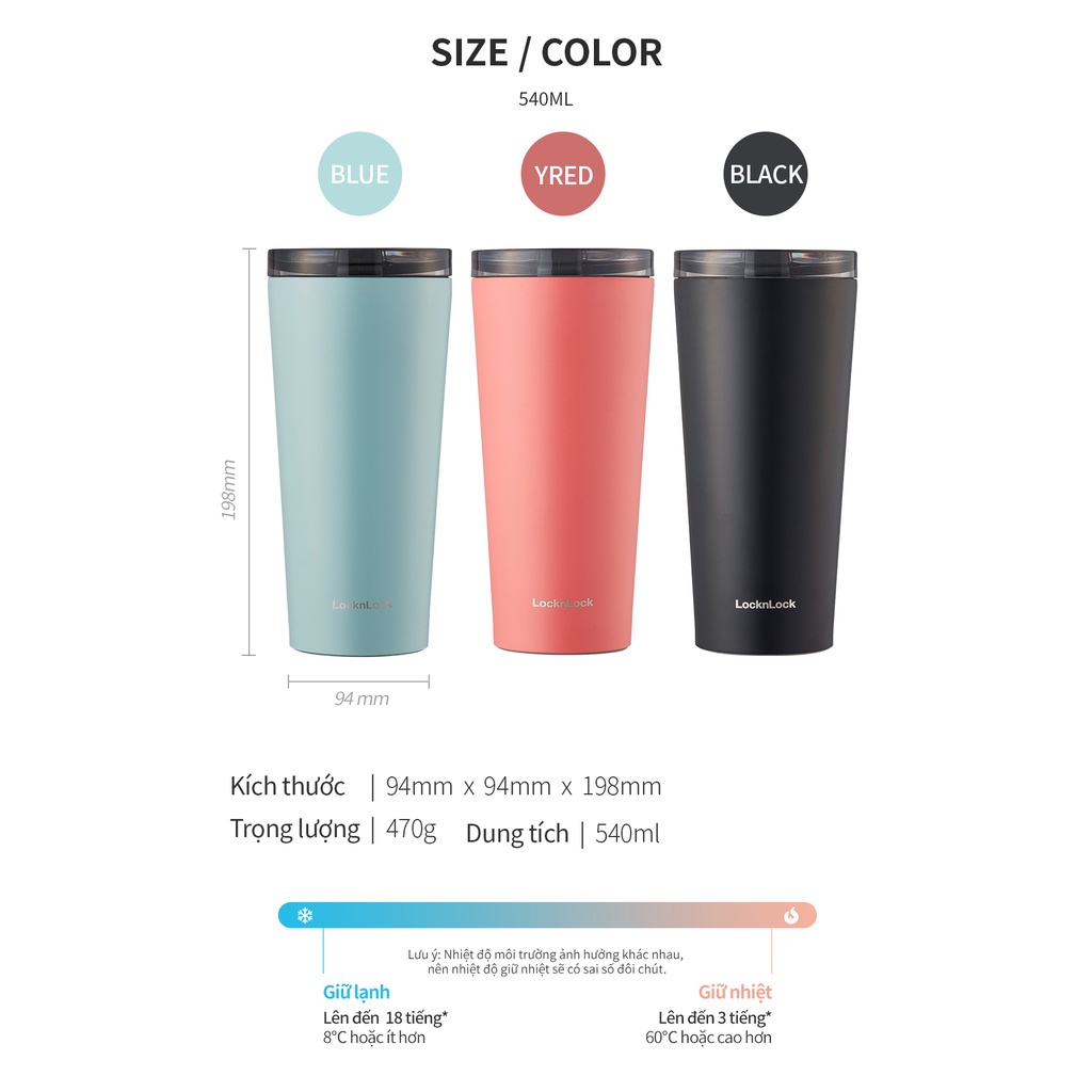 Ly giữ nhiệt LocknLock 540ml LHC4279 Màu Đen , có 2 nắp tiện lợi, đế silicone, inox SUS304 - K-MALL