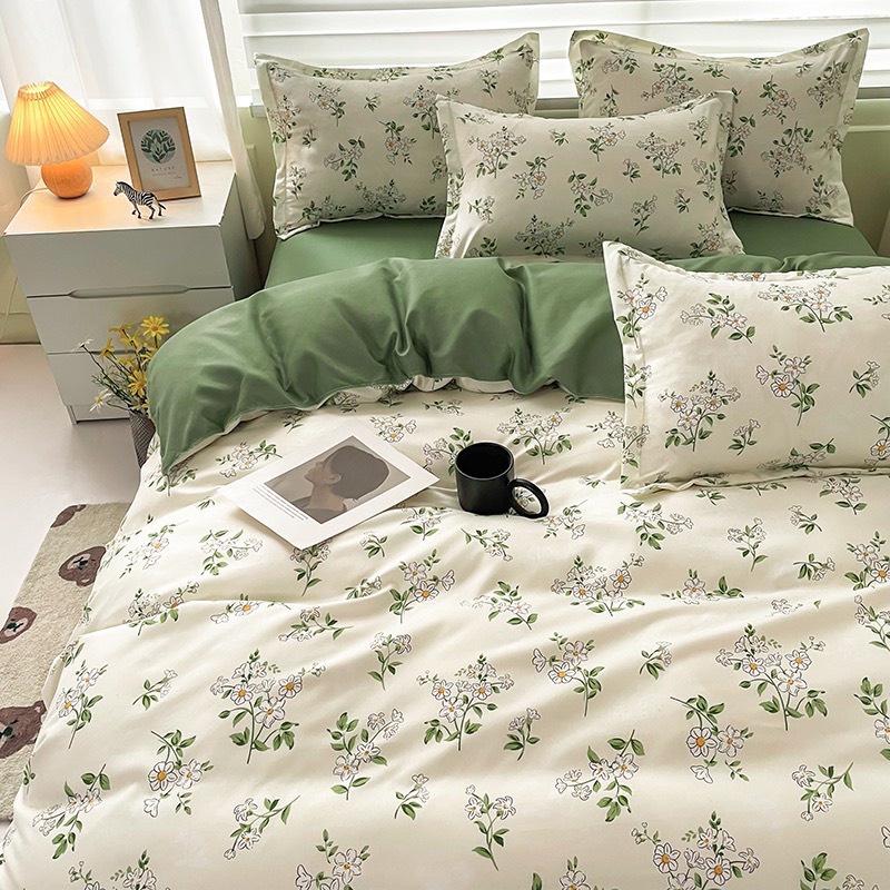 Bộ chăn ga gối cotton poly hoa xuyến chi phối xanh ETAMI miễn phí bo chun ga trải giường (chưa kèm ruột)