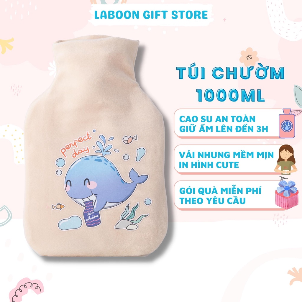 Túi chườm ấm đau bụng kinh Laboon 1000ml phiên bản hình cá Voi, quà tặng ý nghĩa cho bạn gái