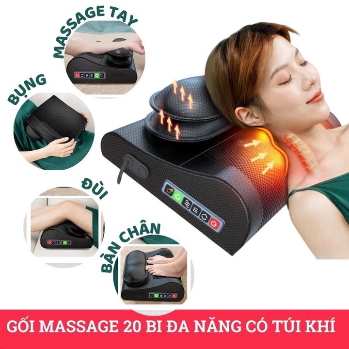 Gối massage cổ vai gáy, máy massage lưng hồng ngoại 20 bi, có gồm túi khí và túi thảo dược hỗ trợ mát xa vùng cổ,vai gáy