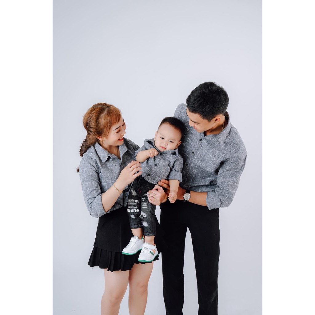 Set Áo Sơ Mi Gia Đình Fig Tree sọc caro xám ( MS :126A) basic đi tiệc siêu xinh