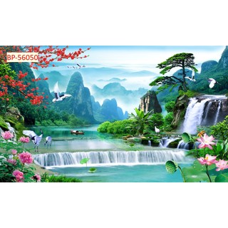 Tranh dán tường 3D cảnh thác nước, rừng cây SƠN THUỶ hùng vỹ