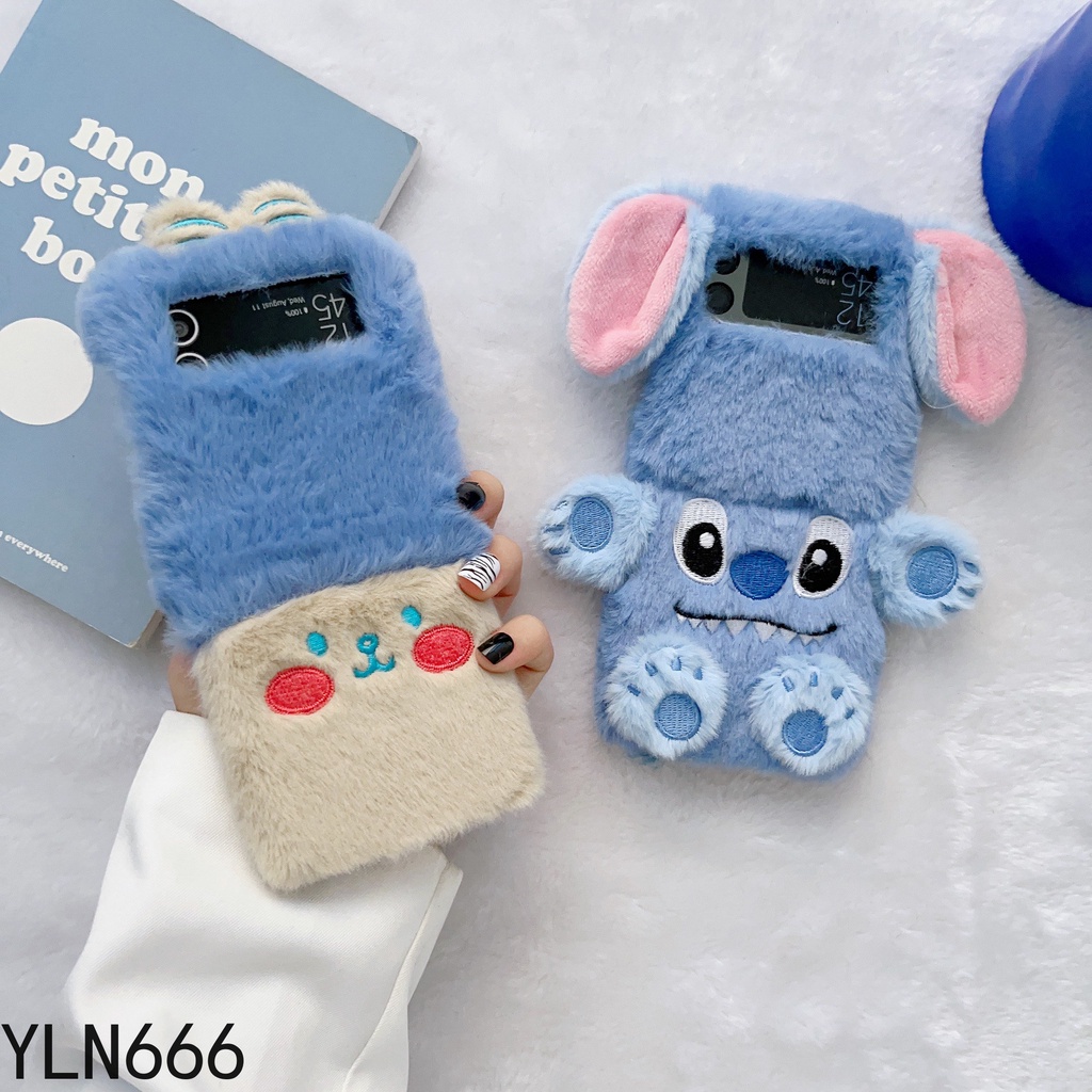 Ốp điện thoại hình hoạt hình thời trang Stitch Fluffy cho Samsung Galaxy Z Flip 3 4 5 6 7FE 7 5G Cover Thiết kế độc đáo dễ thương Vỏ tay ấm áp sang trọng cho Z Flip 3 4 Vỏ bảo vệ điện thoại di động