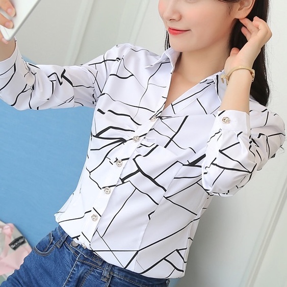 MY S-3XL Cổ Chữ V Gấp Bust Mới Áo Sơ Mi Trắng Nữ Tay Dài Đáy Mỏng Phù Hợp Với Chuyên Nghiệp