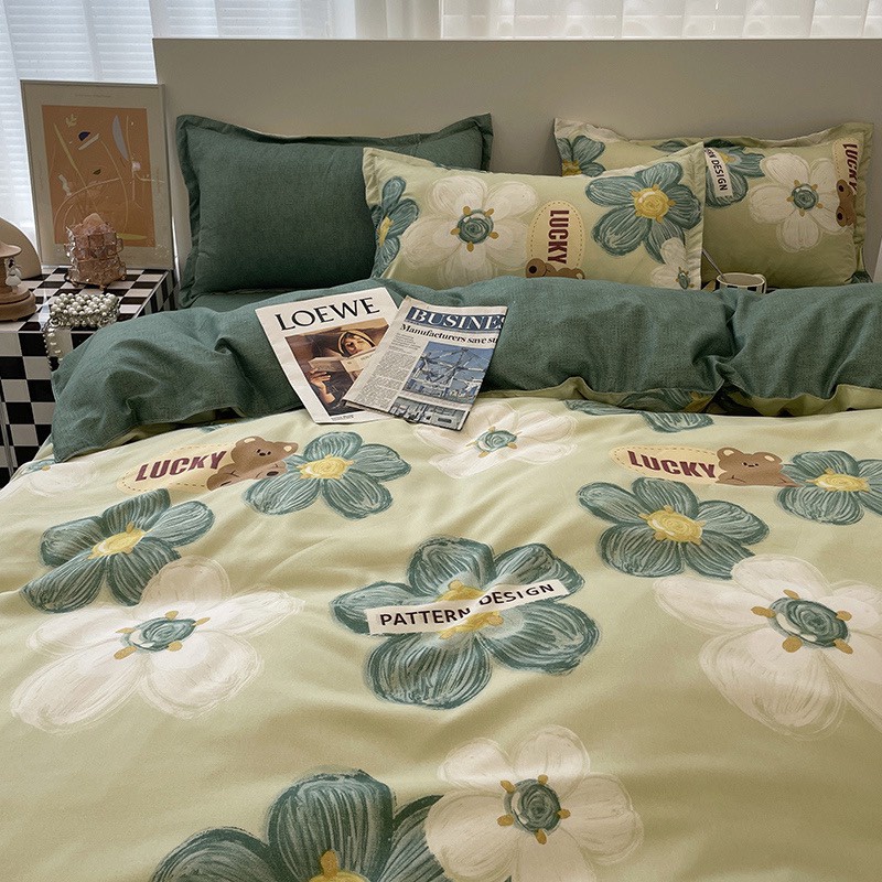 Bộ chăn ga gối cotton poly Hoa xanh gấu lucky ETAMI miễn phí bo chun ga trải giường (chưa kèm ruột)