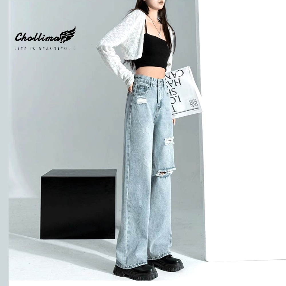 Ảnh Quần jeans nữ Chollima ống rộng SIMPLE JEAN dài 98cm rách cá tính QD257 ulzzang phong cách hàn quốc 2