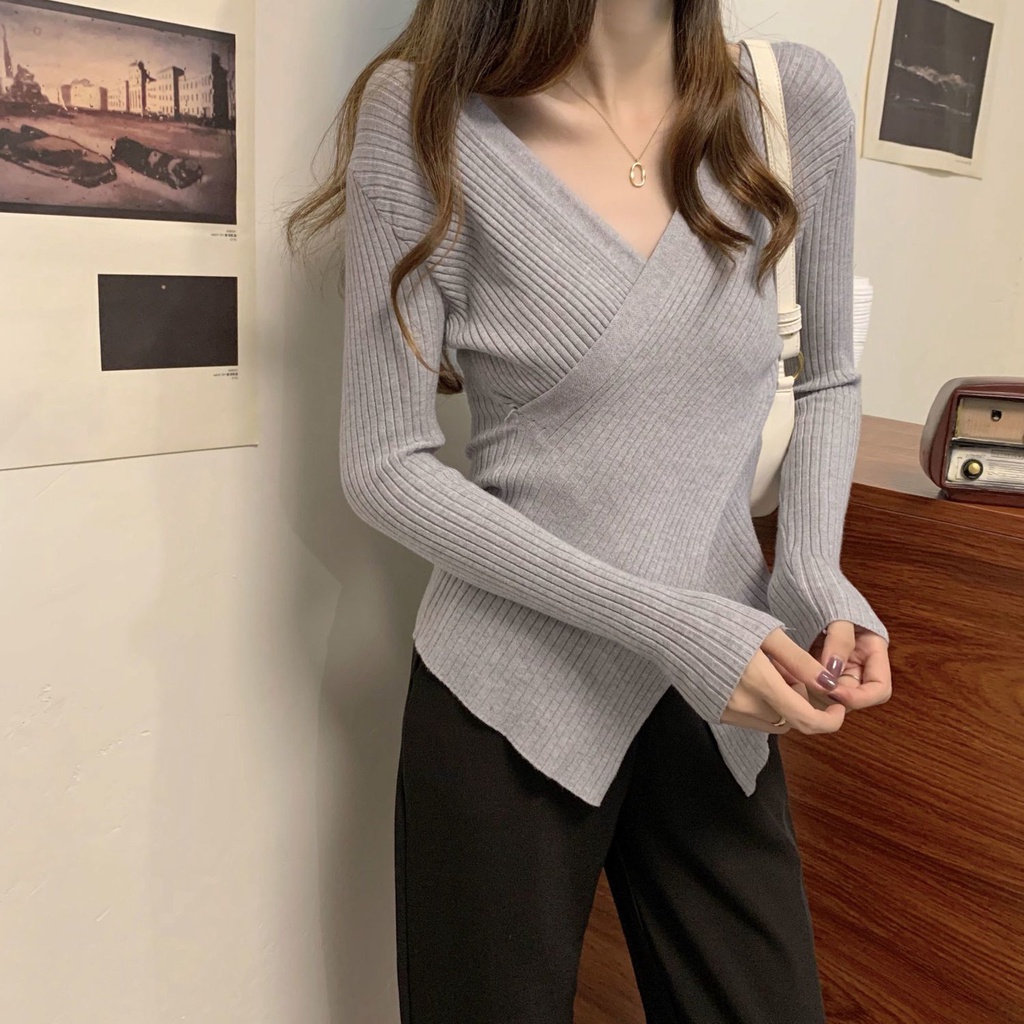 Áo Sweater Dệt Kim Cổ Chữ V Dáng Ôm Thời Trang Thu Đông Cho Nữ