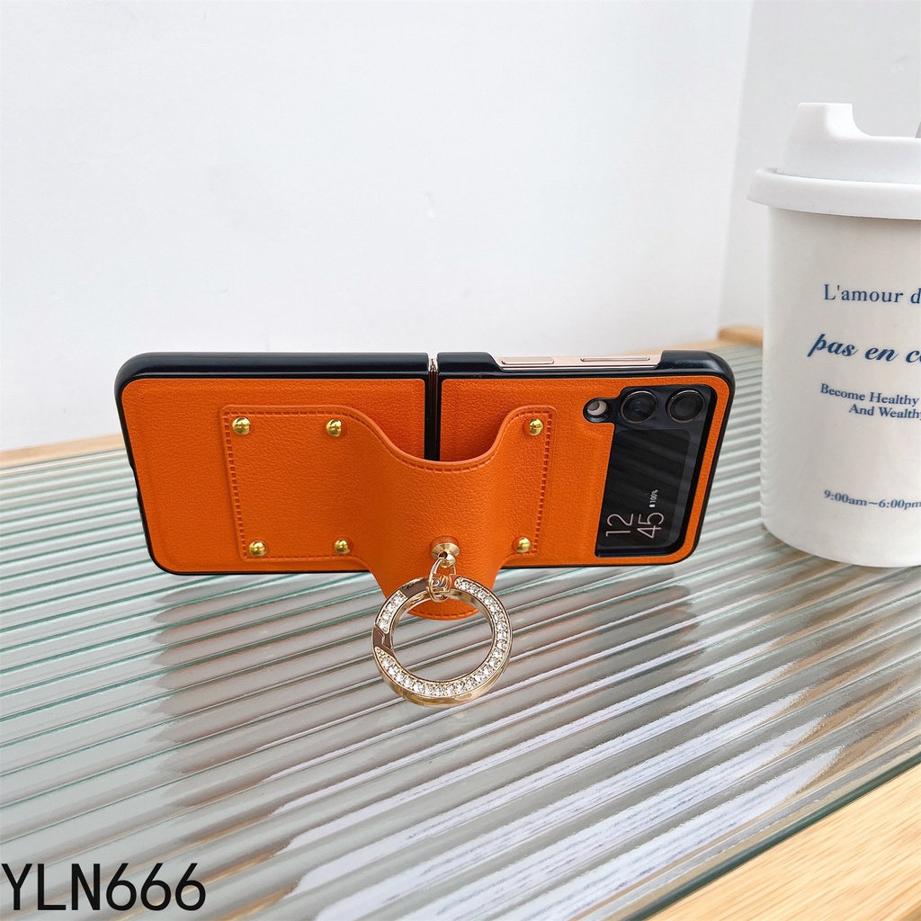 Ốp Điện Thoại Thời Trang Cho Samsung Galaxy Z Flip 6 5 4 3 2 1 Ốp Lưng Cho Galaxy Z Flip5 Da Cổ Điển PU + PC Ốp Lưng Cho Z Flip6 Nhẫn Kẹp Giá Đỡ Điện Thoại Di Động