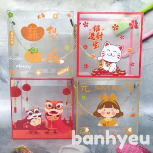 Túi Hộp Mica Vuông có quai xách Trong suốt Họa Tiết Xuân Đựng Bánh Quy, Kẹo Nougat, Quà Tết