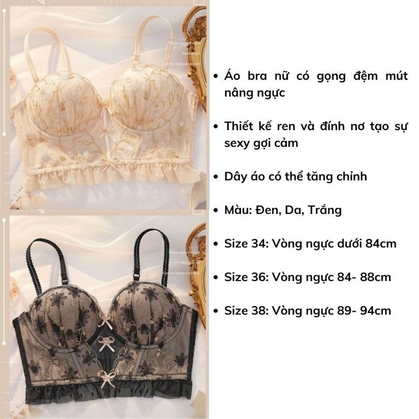 Áo ngực ren Cao Cấp đính nơ gợi cảm sexy, áo lót nữ có gọng đệm mút nâng ngực tạo khe quyến rũ 436