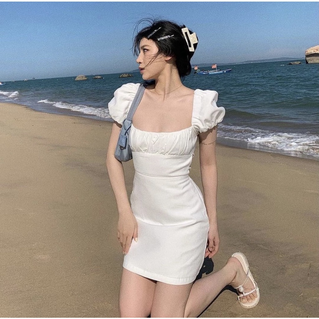 Đầm cổ vuông Gem Boutique tay bồng cột dây đan chéo sau lưng có mút sẵn - Taylor dress