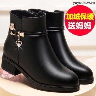 Giày Bốt Cotton Lót Lông Cừu Gót Dày Chống Trượt Thời Trang Mùa Đông Cho Nữ Trung Niên