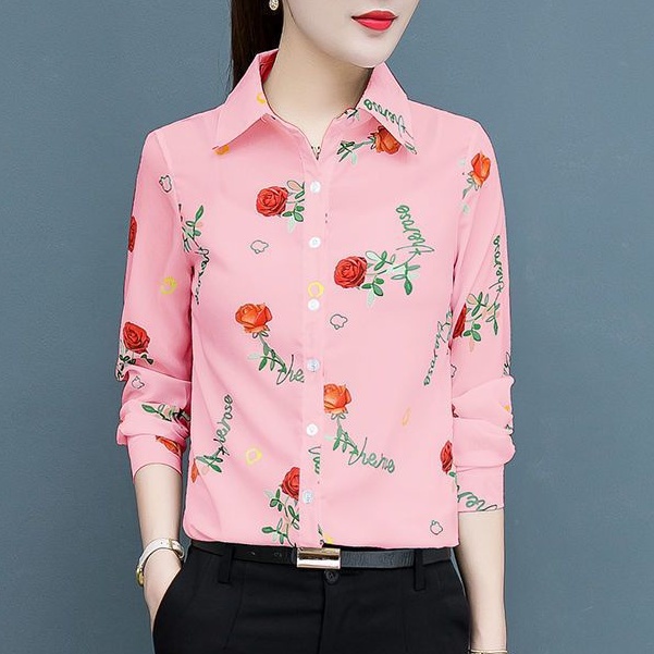 Áo Sơ Mi Nụ Hoa Hồng Nữ Tay Dài Hoa Mùa Xuân Đỏ Áo Sơ Mi Retro Voan Áo Sơ Mi Hoa Hồng In Hình