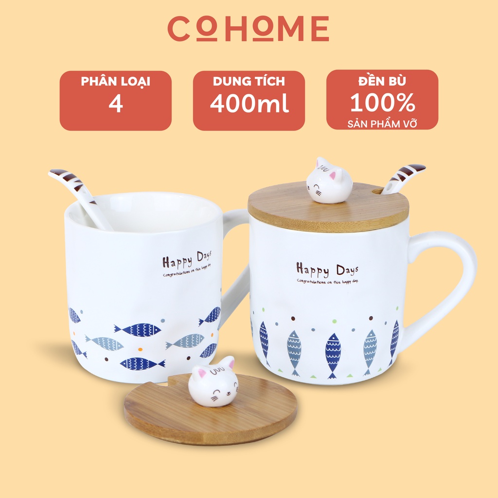 Ly sứ uống nước Happy Days dễ thương 400ml, cốc sứ có nắp đậy uống cafe kèm thìa