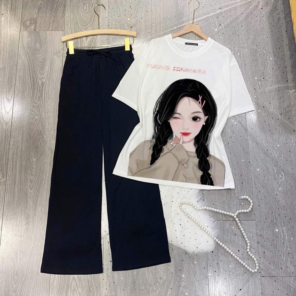 Đồ bộ nữ quần ống suông rộng bigsize ESHOP Đồ mặc nhà nữ cạp cao quần gân len tăm form rộng tay lửng co giãn đẹp DB61