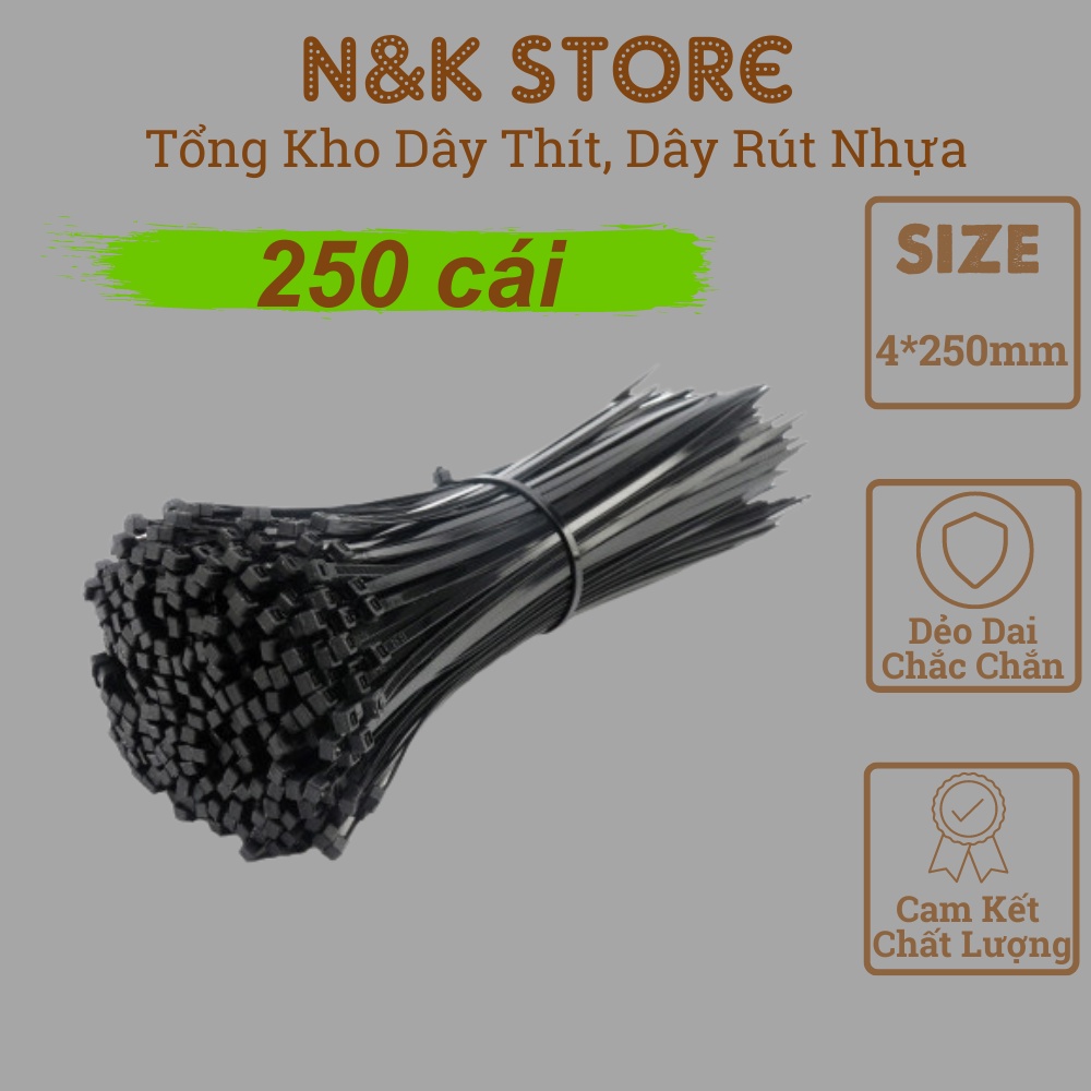Túi 240c dây thít nhựa 4x250mm, lạt nhựa dài 25cm, dây rút nhựa đen trắng bền dẻo