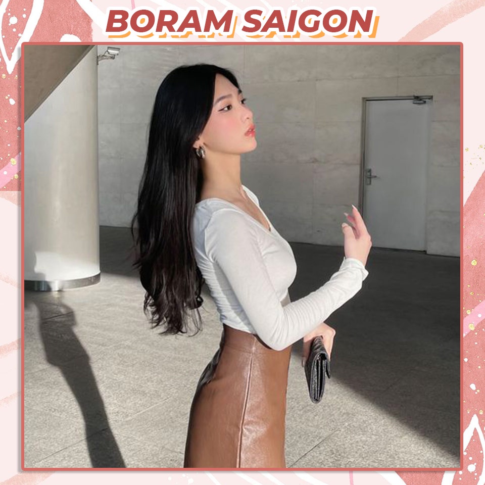 Áo croptop tay dài gân tăm dáng ôm body thu đông, Áo thun nữ dáng ôm croptop BORAM SG