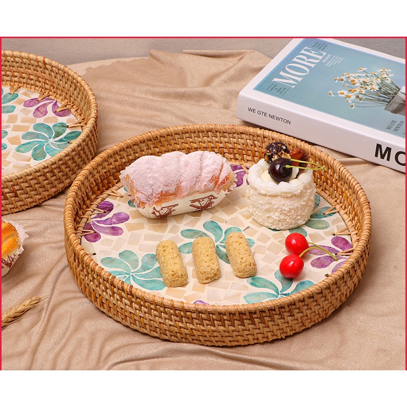 Khay mây khảm trai ONGTRE cao cấp, đựng đồ đa năng - OTK3