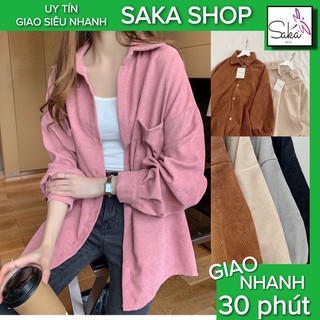 Áo sơ mi nhung tăm nữ nam unisex dáng rộng tay dài phồng , áo khoác nhung tăm nam nữ unisex