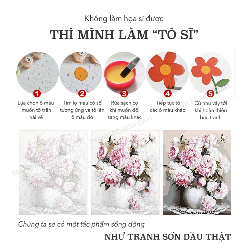 Ảnh Tranh số hoá tự tô màu theo số cho người lớn GAM thanh lý kèm khung đã căng tổng hợp mẫu 40x50cm 1