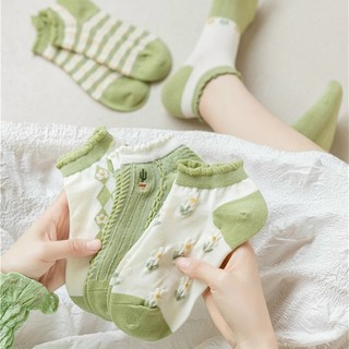 Set 5 Đôi Tất Nữ Cotton Cổ Bèo Phối Kẻ Hoa Xanh kèm Túi Zip