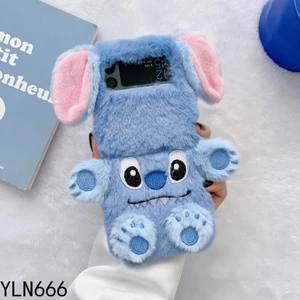 Ốp điện thoại hình hoạt hình thời trang Stitch Fluffy cho Samsung Galaxy Z Flip 3 4 5 6 7FE 7 5G Cover Thiết kế độc đáo dễ thương Vỏ tay ấm áp sang trọng cho Z Flip 3 4 Vỏ bảo vệ điện thoại di động