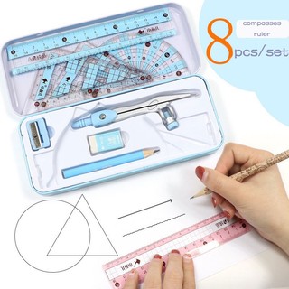 Bộ Thước Kẻ + Thước Kẻ + Đồ Chuốt Bằng Kim Loại Hai Màu Dễ Thương Cho Học Sinh