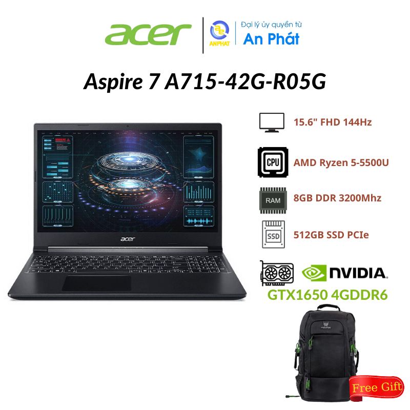 [Mã ELCL12 giảm 12% đơn 10TR] Laptop Acer Aspire 7 A715-42G-R05G/ Đen/ AMD Ryzen 5 5500U/ 1650 4GB/
