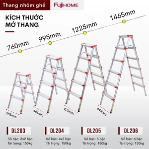 Thang ghế nhôm tay vịn gấp gọn chữ A bản to 3-4-5 bậc 1,2M-1,65M FUJIHOME,Thang chữ A gia đình đa năng rút gọn- BH 1 năm