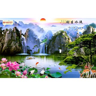 Tranh 3D Dán Tường Sơn Thủy Núi Non Thác Nước, tranh vải lụa kim tuyến dày dặn tặng keo dán