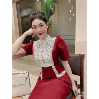 Đầm nhung nữ Quảng Châu thiết kế màu đỏ phối ren đính đá sang trọng trẻ trung, Váy dự tiệc nữ sang trọng rẻ đẹp
