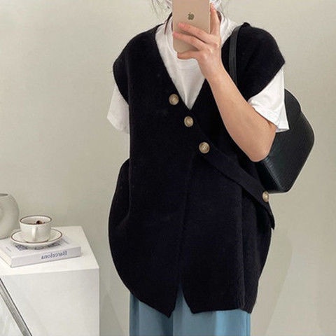Áo Vest ba nút dệt kim Hàn Quốc không tay mới đa năng