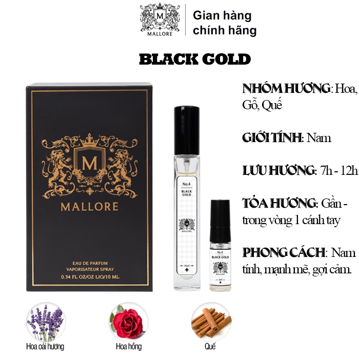 [Mã BMLT35 giảm đến 35K đơn 99K] Nước hoa nam Mallore Black Gold dạng xịt. Nước hoa mini nam tính, gợi cảm, thu hút 10ml