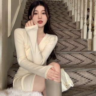 Đầm Dệt Kim Tay Dài Cổ Chữ v Thời Trang Thu Đông Dành Cho Nữ