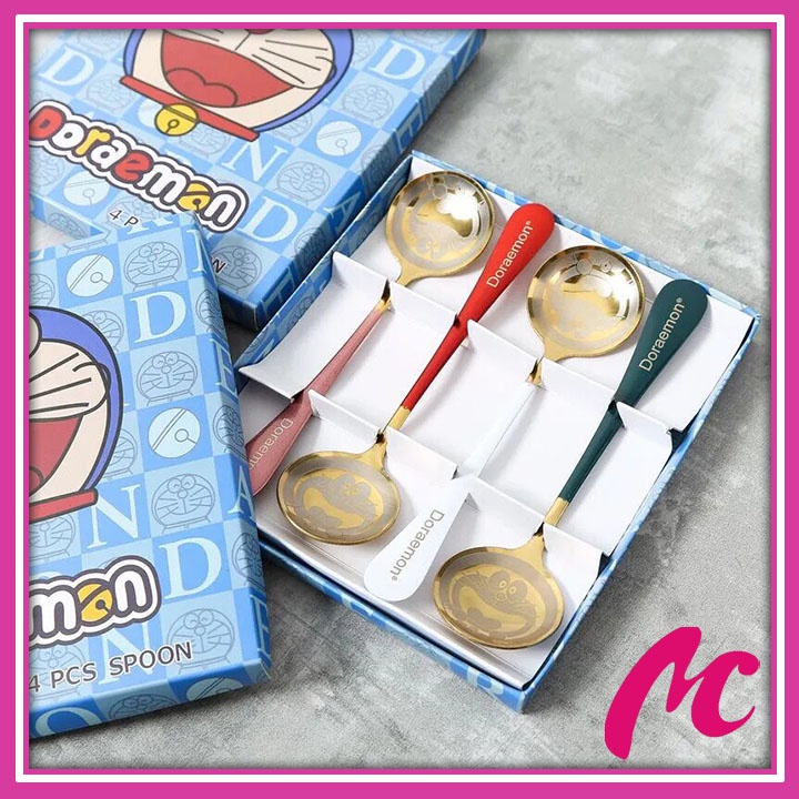 Combo 4 chiếc Thìa inox mạ vàng khắc hình Doraemon,Thìa muỗng inox ăn ...