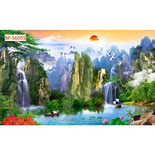 Tranh dán tường 3D cảnh thác nước, rừng cây SƠN THUỶ hùng vỹ
