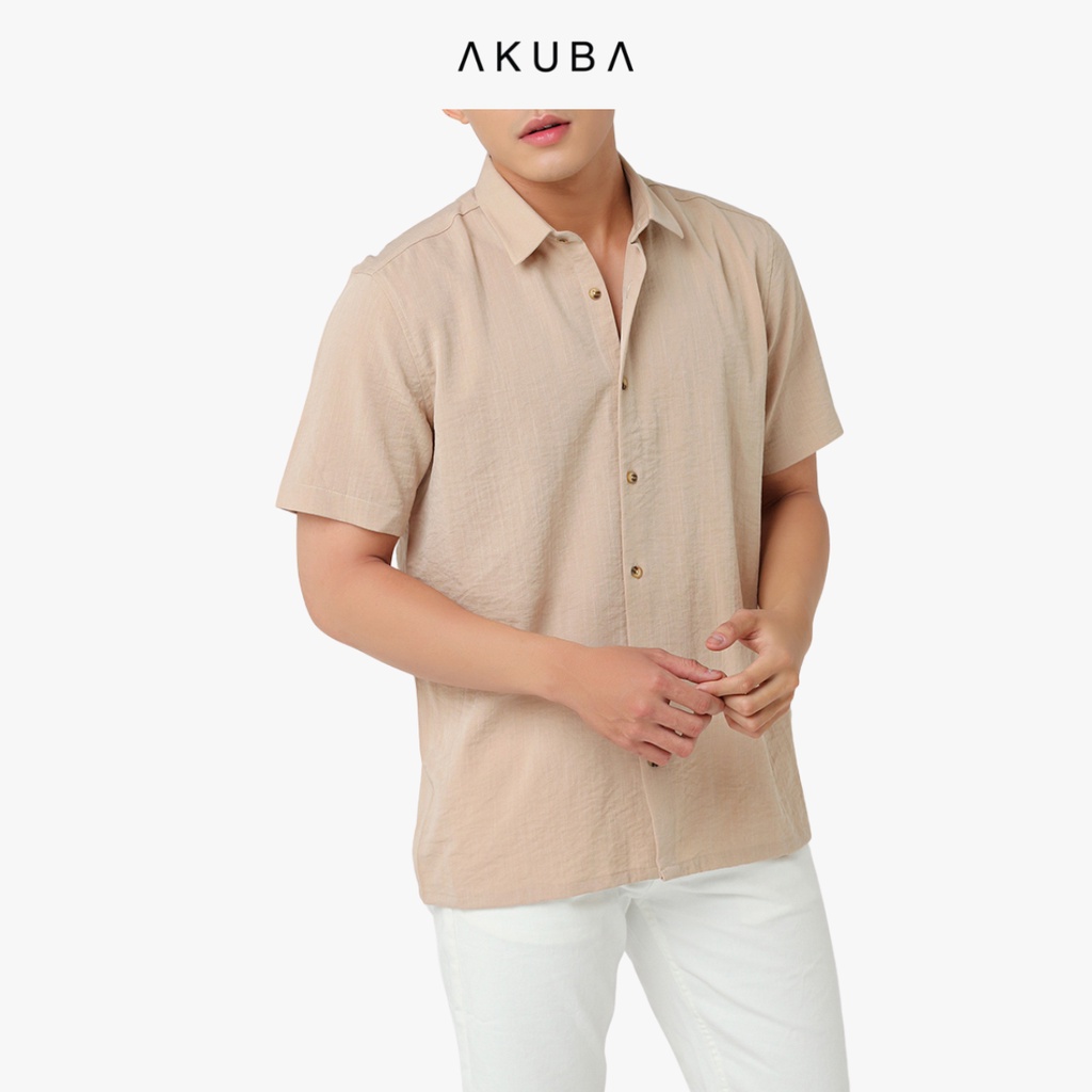 Áo Sơ mi Nam tay ngắn trơn AKUBA form regular, vải linen nhẹ, thấm hút cực tốt, chất liệu thân thiện môi trường 01M5016