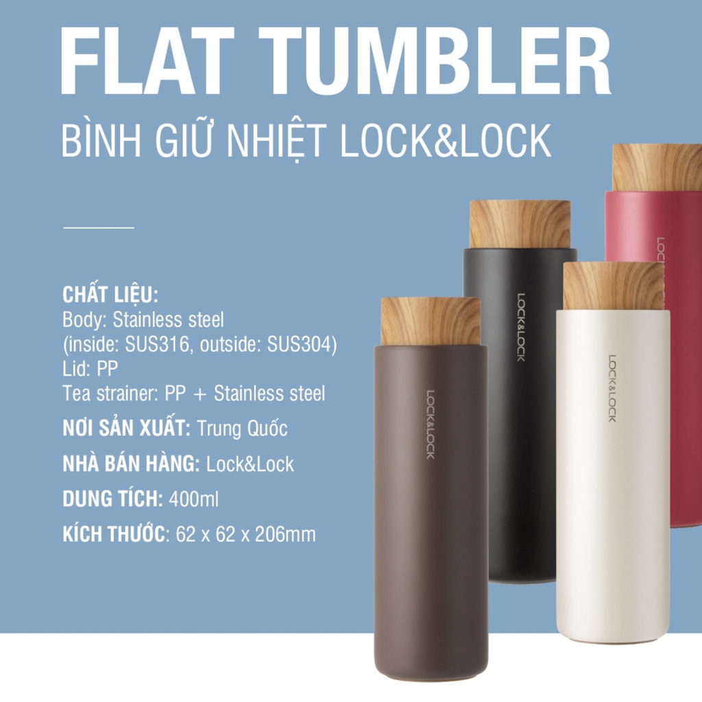 Bình giữ nhiệt LocknLock Flat Tumbler 400ml LHC4227 , có khay lọc trà, nắp nhựa kiểu gỗ - K-MALL