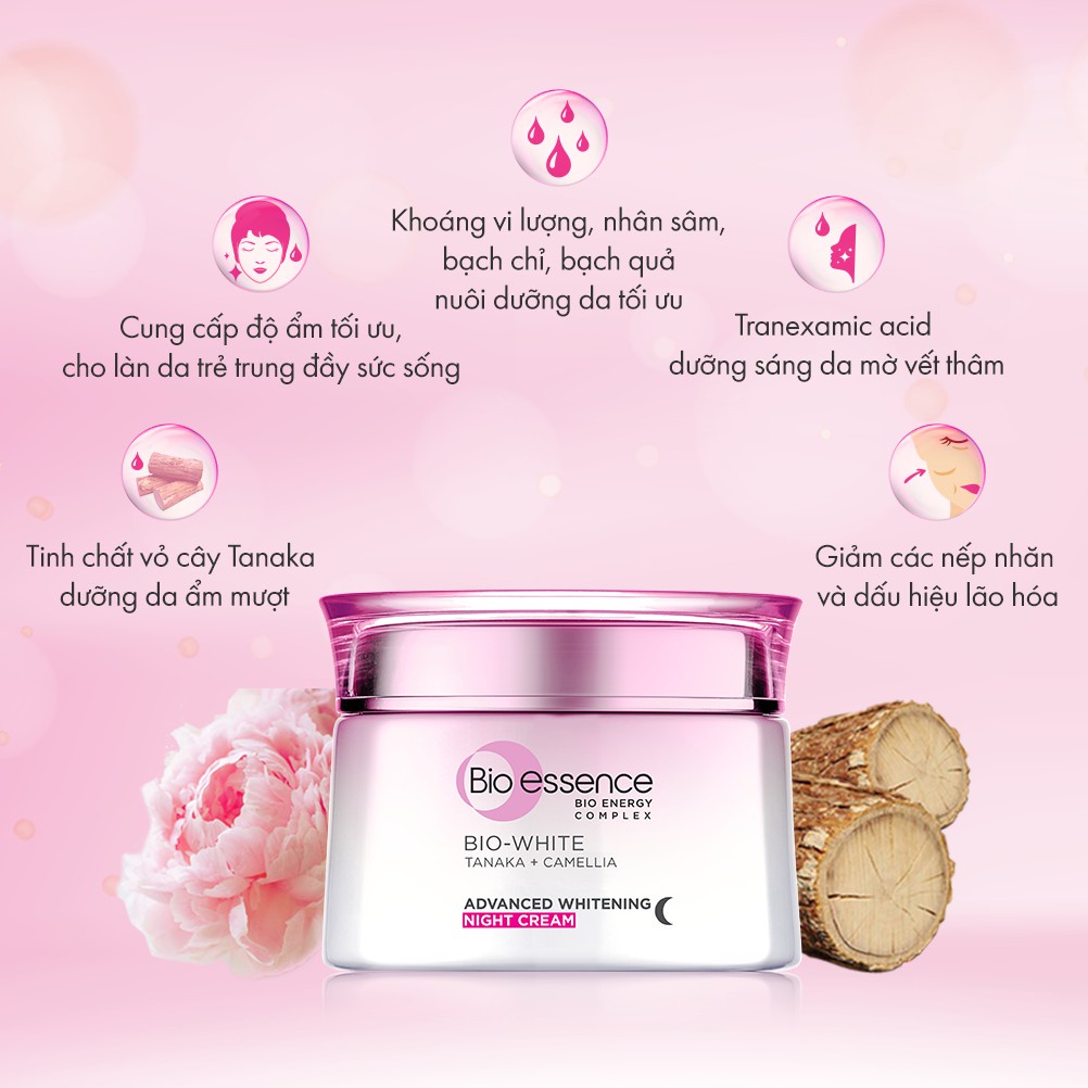 Kem dưỡng trắng da ban đêm cho da sáng mịn rạng rỡ từ 9-peptides, Alpha-Arbutin Bio essence Bio-White Pro Whitening 50g