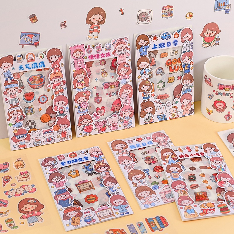 3 Bộ 4 Tấm Sticker Hoạt Hình Cô Gái Và Hoạt Động Hàng Ngày Cute