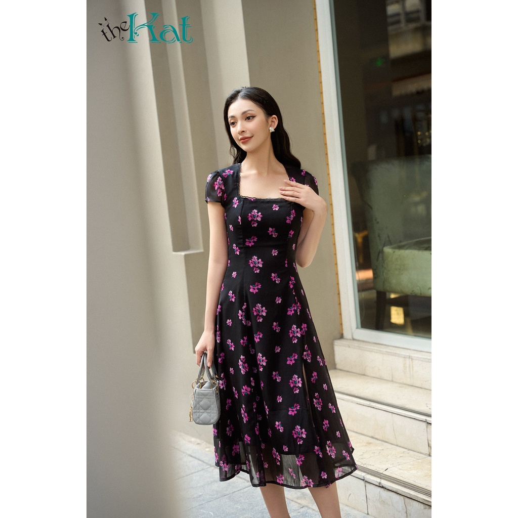 Đầm Tơ Hoa Sarah Cổ Vuông The Kat House, xẻ đùi quyến rũ, chất vải mềm mịn, vải tơ siêu nhẹ