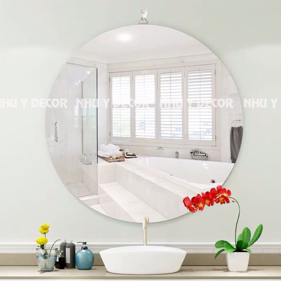 Gương tròn treo nhà tắm không viền - gương decor phòng siêu xinh tặng kèm phụ kiện treo