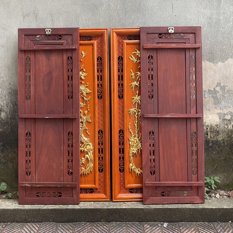 Bộ tranh tứ quý gỗ hương đỏ nam phi kích thước 37*107,dày 3cm hoàn thiện sơn pu dát vàng Đài Loan cao cấp