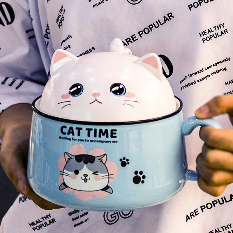 Tô Sứ Ăn Mì Hình Mèo Cute 1020ml Có Nắp Và Tay Cầm - Bát Mèo Cat Time Dễ Thương Phong Cách Nhật Decor Bếp Quà Tặng