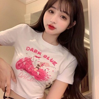 Áo croptop tay ngắn - áo thun cổ tròn in hình màu hồng cute dễ thương L66 [A029]