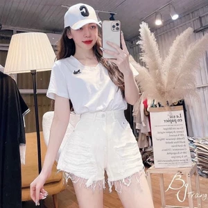 Quần short jean nữ trắng vải denim lai tua rách cá tính, dễ phối đồ AnNgo - AT222
